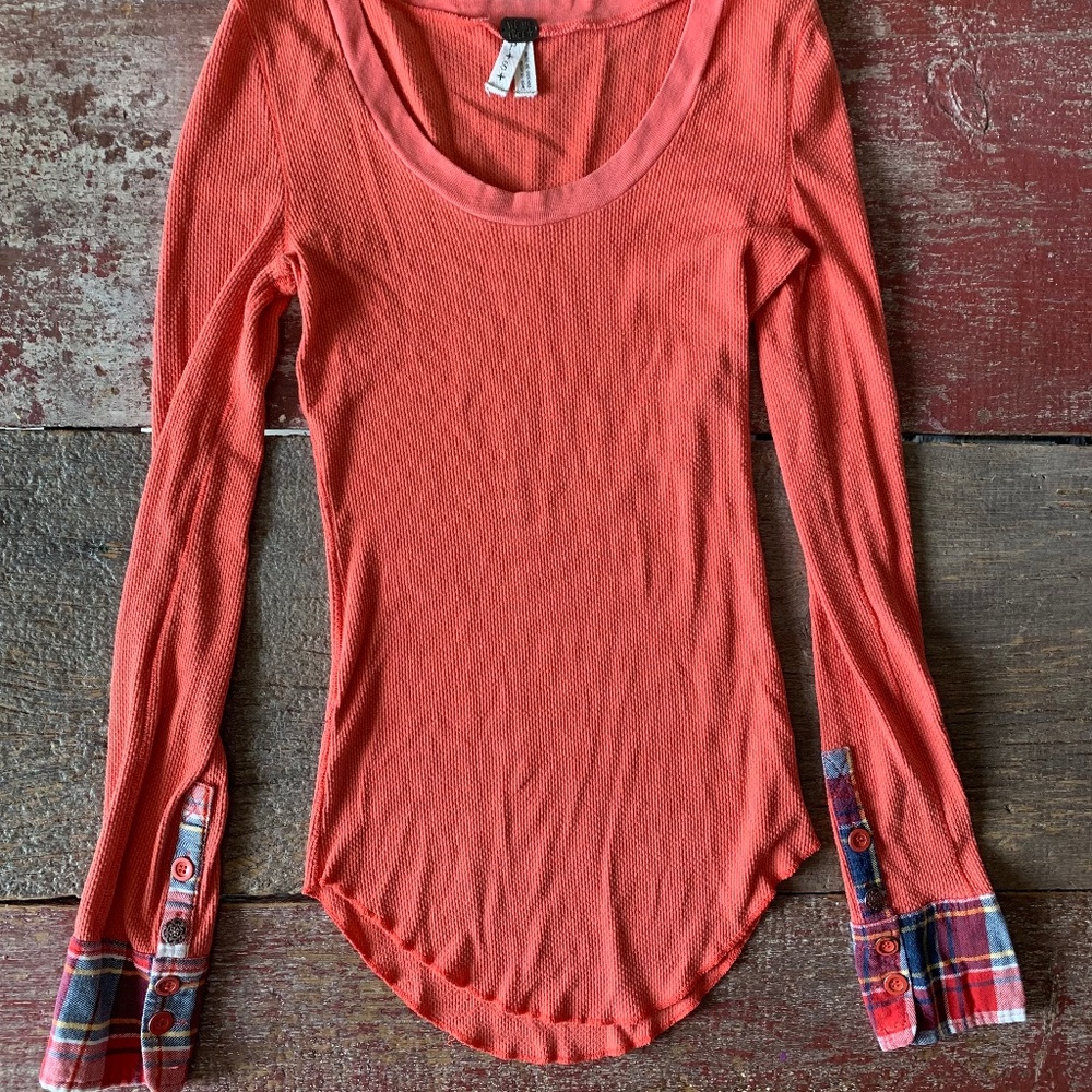 Free People Thermal Shirt with Plaid Cuffs /Rust-Orange / Size S
